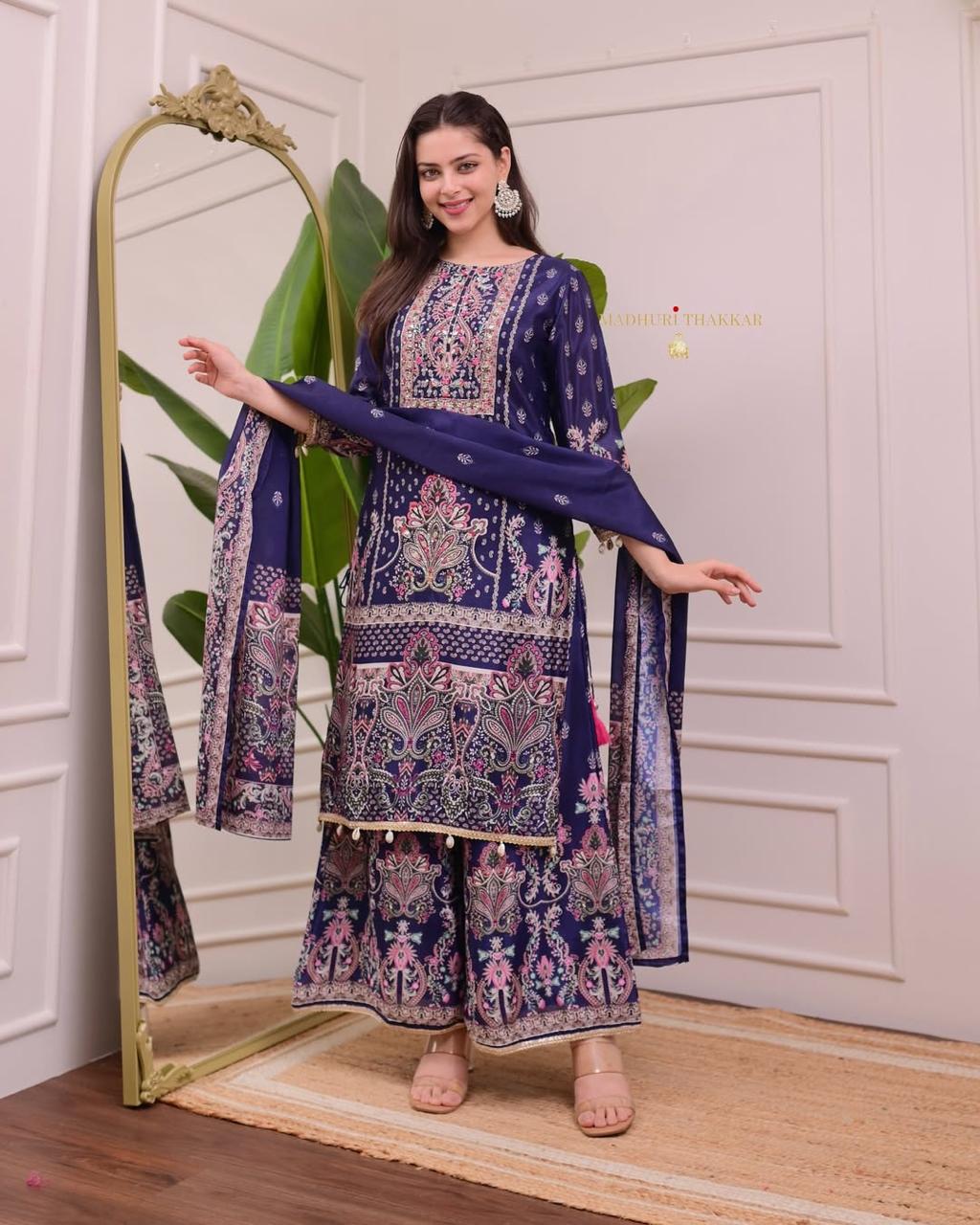 TOP WITH PRINTED WORK WITH HAND WORK WITH PLAZO AND DUPATTA SET