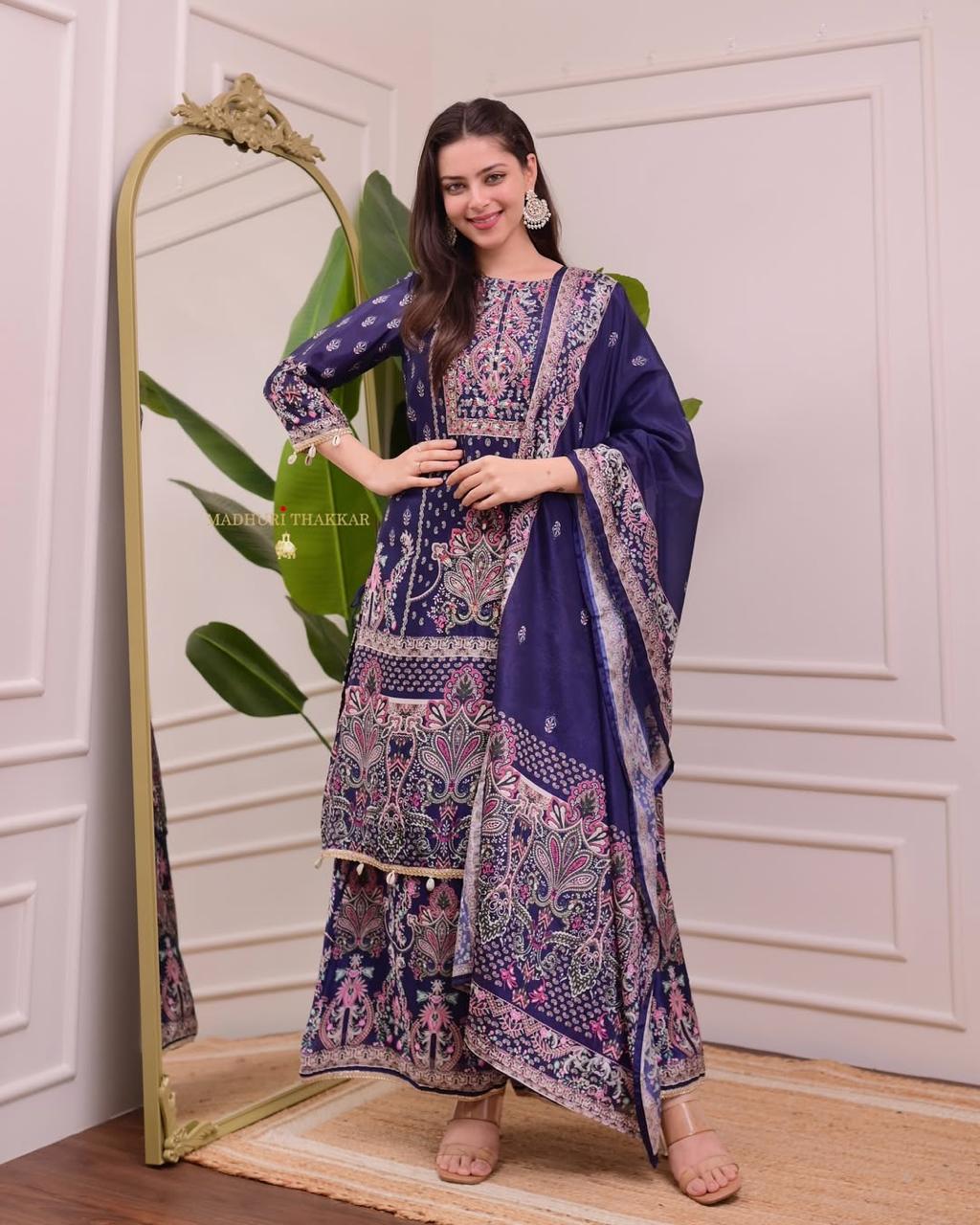 TOP WITH PRINTED WORK WITH HAND WORK WITH PLAZO AND DUPATTA SET