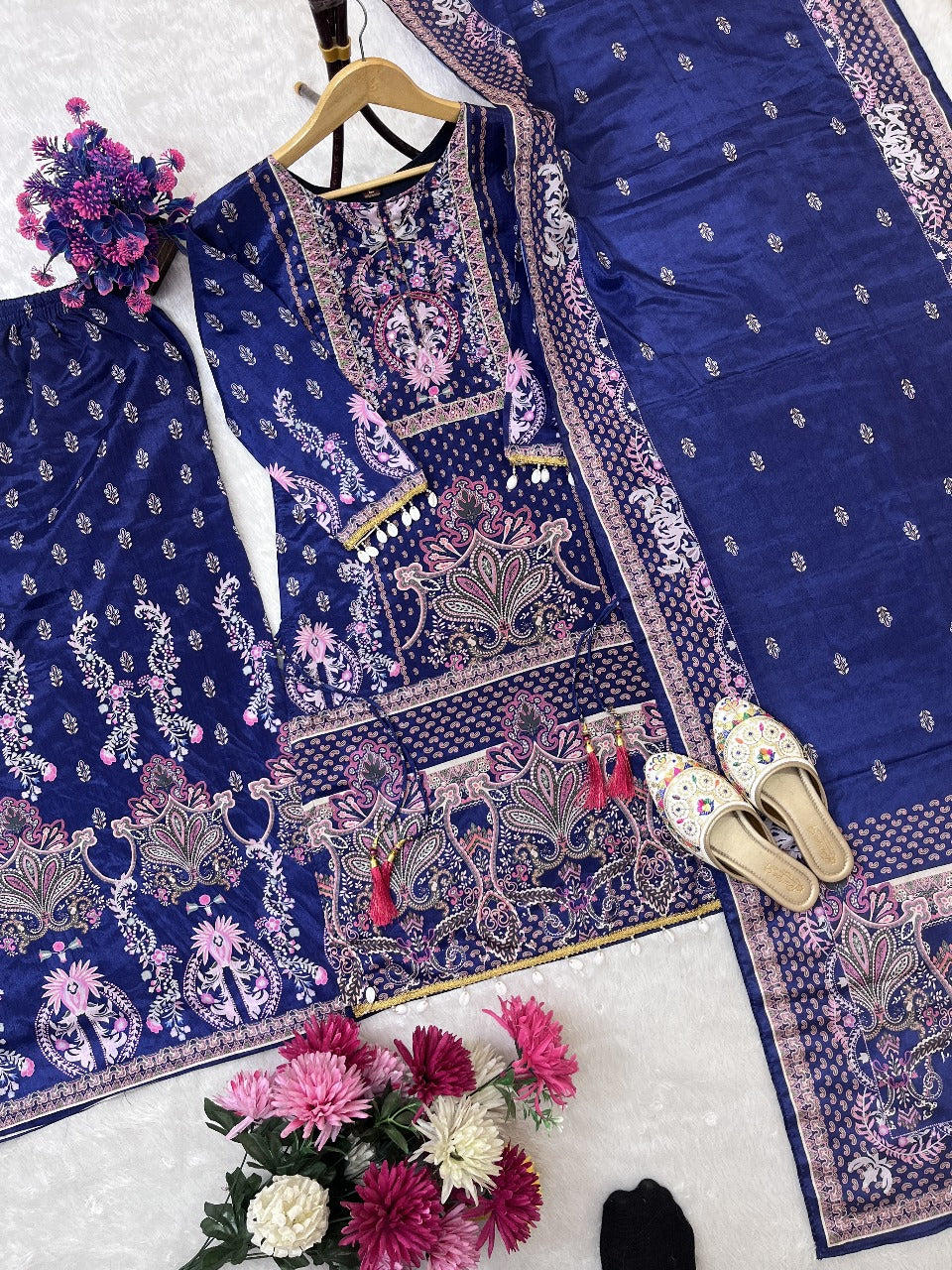 TOP WITH PRINTED WORK WITH HAND WORK WITH PLAZO AND DUPATTA SET