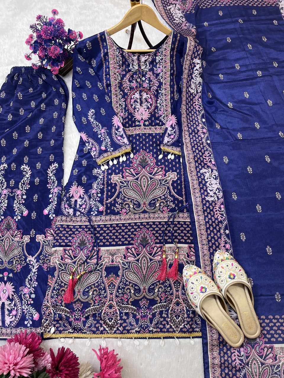 TOP WITH PRINTED WORK WITH HAND WORK WITH PLAZO AND DUPATTA SET