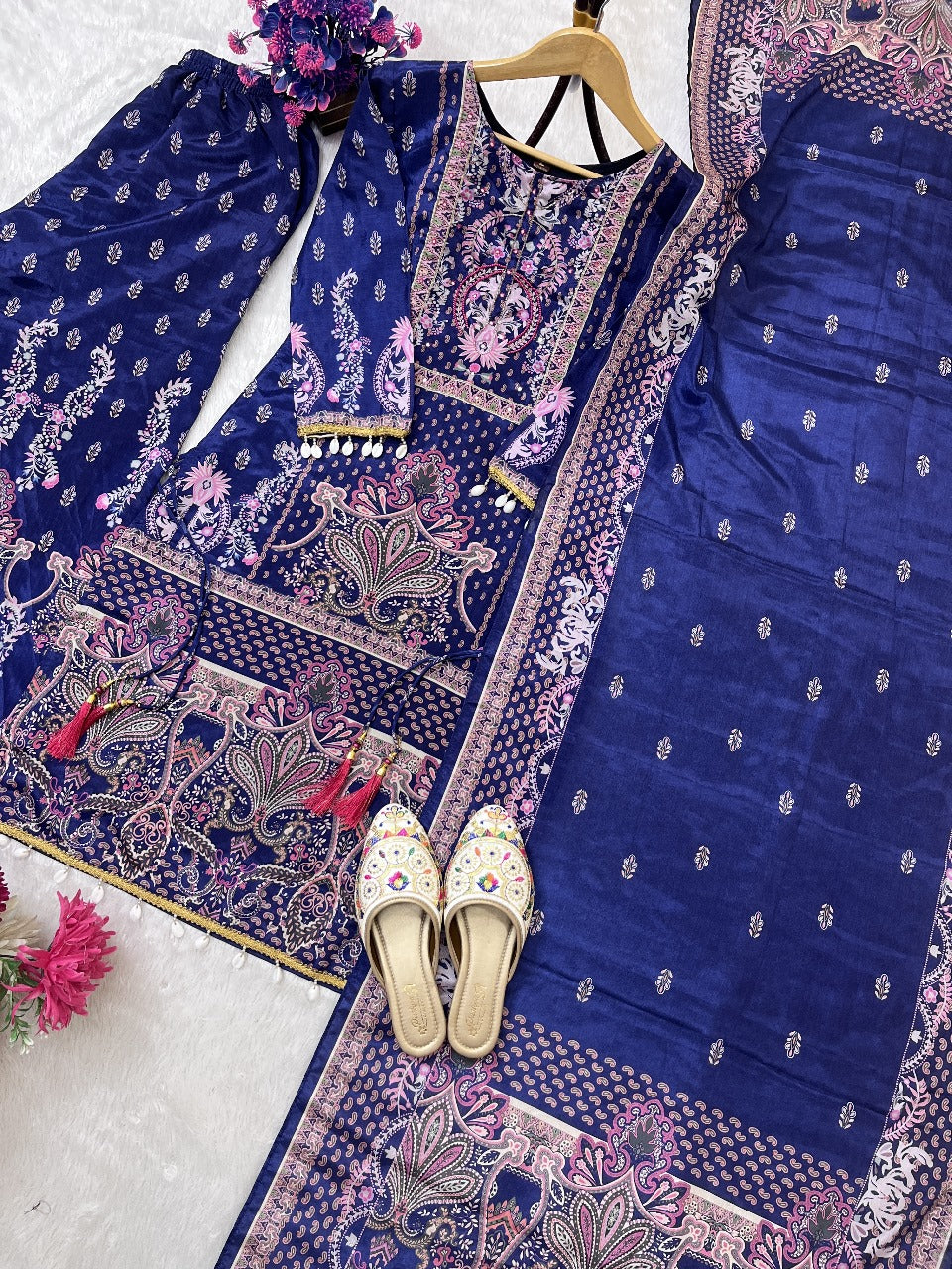 TOP WITH PRINTED WORK WITH HAND WORK WITH PLAZO AND DUPATTA SET