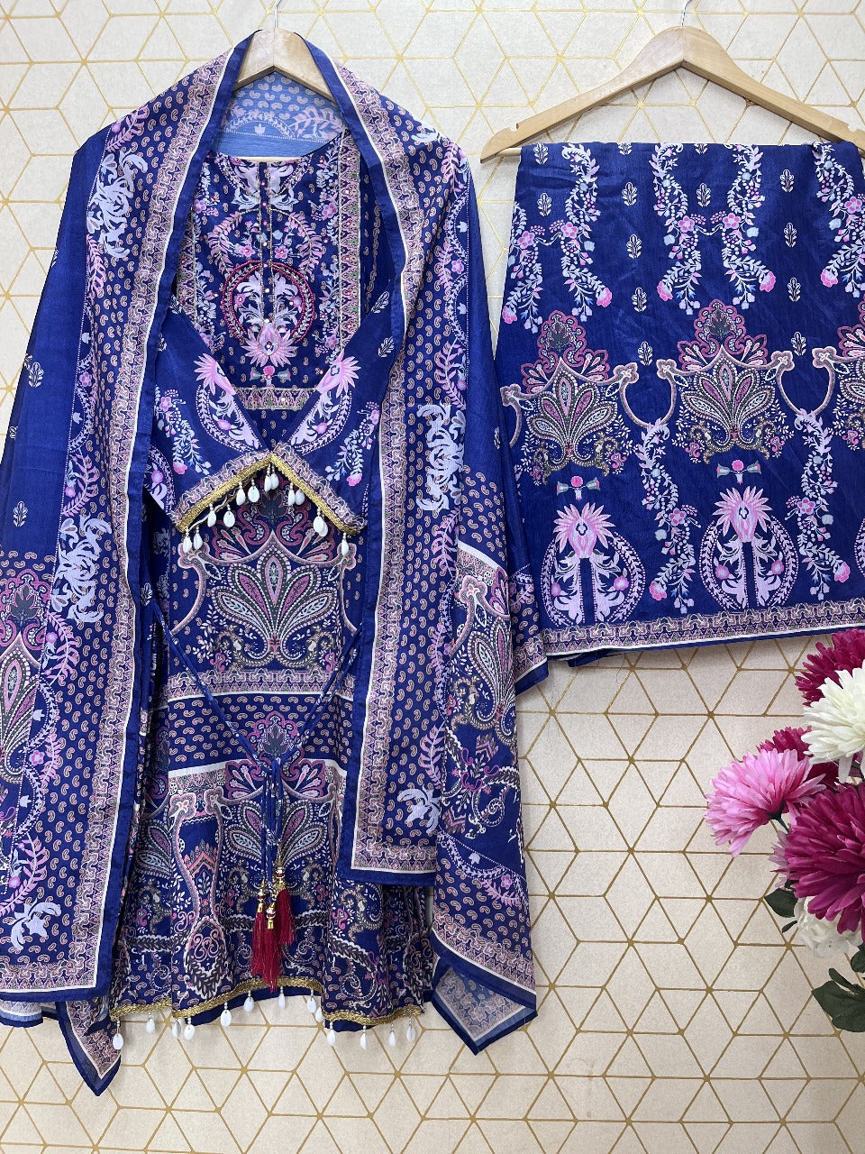 TOP WITH PRINTED WORK WITH HAND WORK WITH PLAZO AND DUPATTA SET