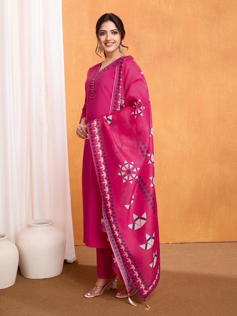 Embroidery with Hand Mirror Work Roman Silk Kurti Set