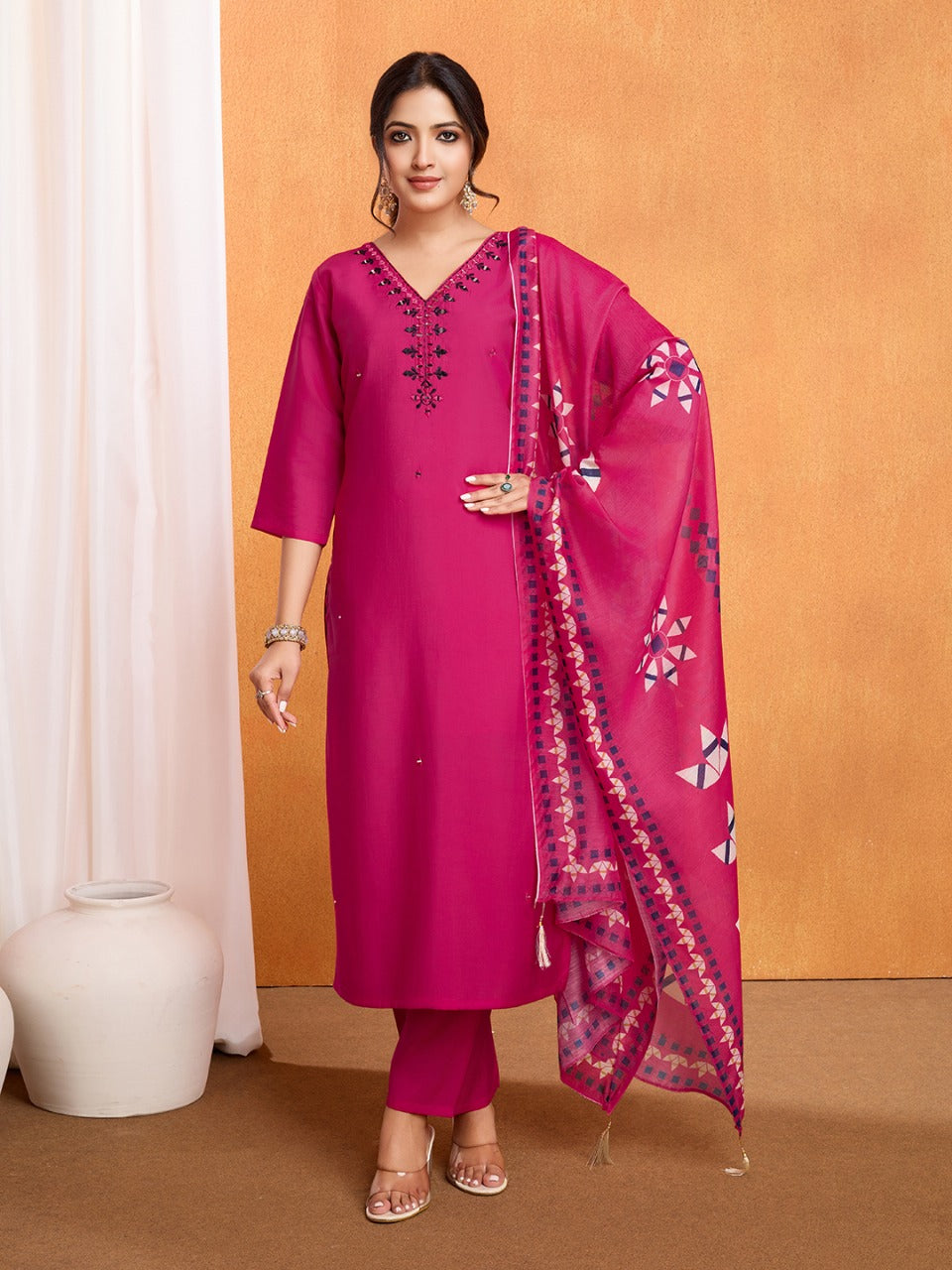 Embroidery with Hand Mirror Work Roman Silk Kurti Set