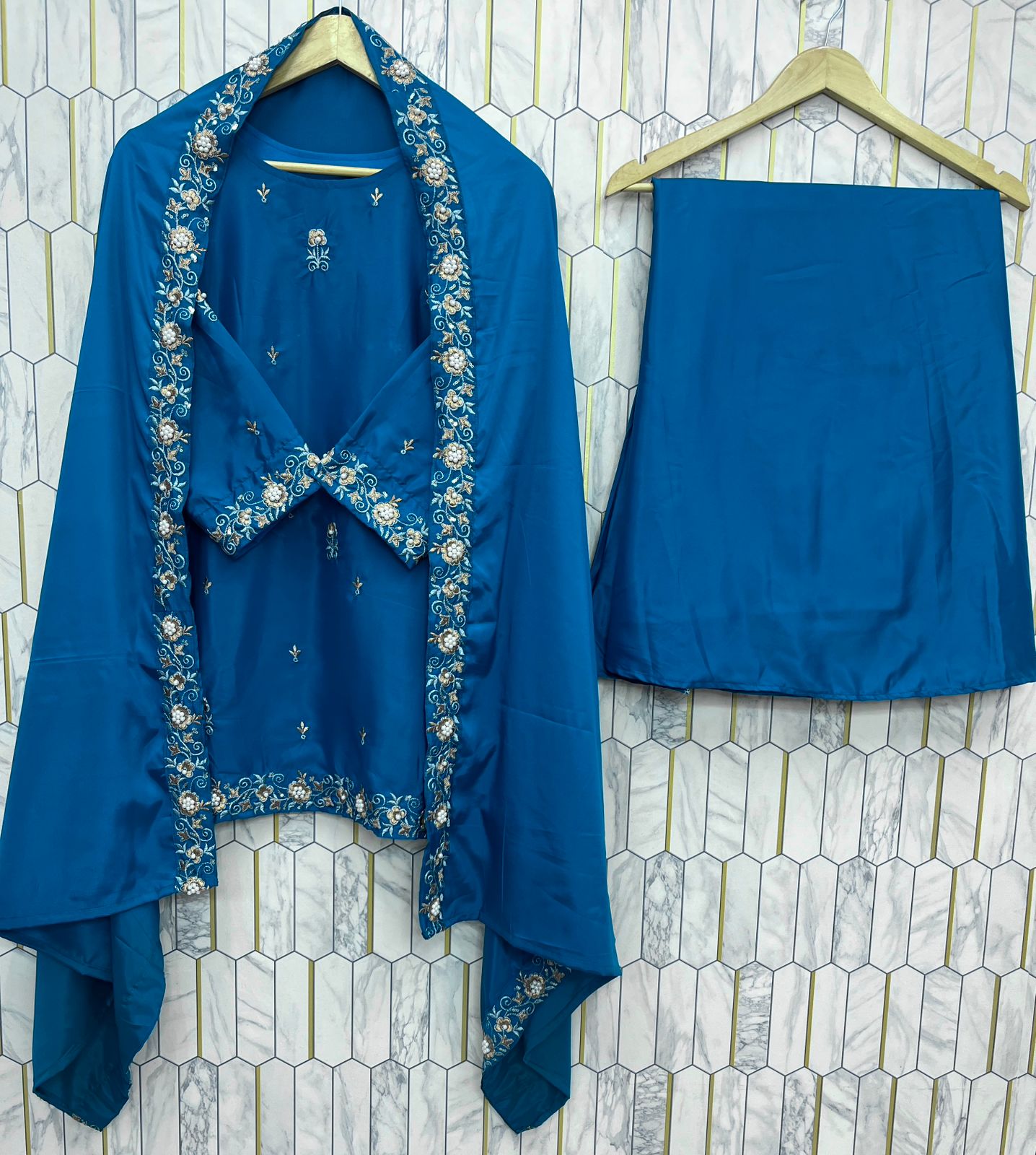 SEQUENCE EMBROIDERY ON SILK FABRIC TOP AND PLAZZO WITH DUPATTA SET