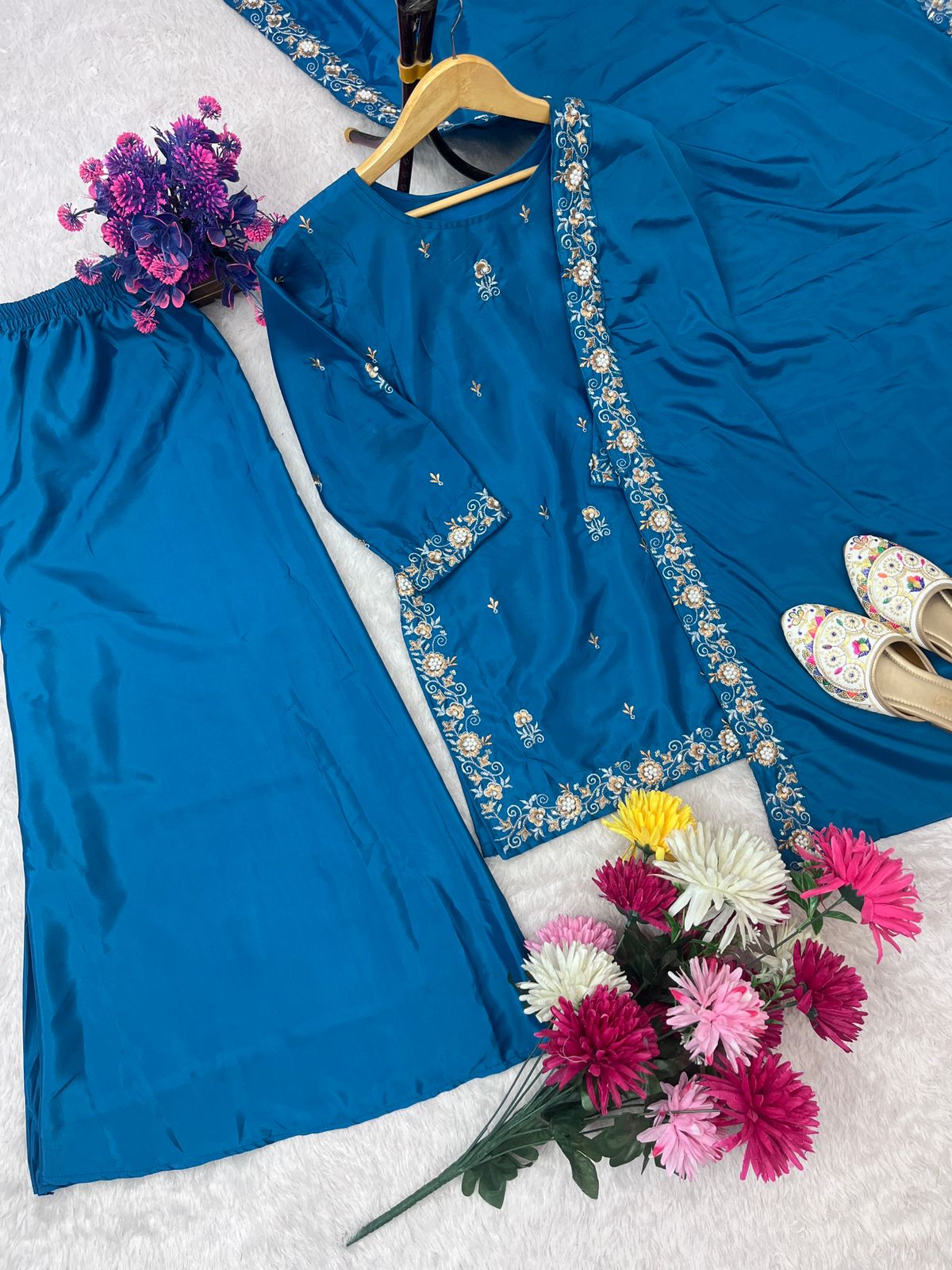 SEQUENCE EMBROIDERY ON SILK FABRIC TOP AND PLAZZO WITH DUPATTA SET