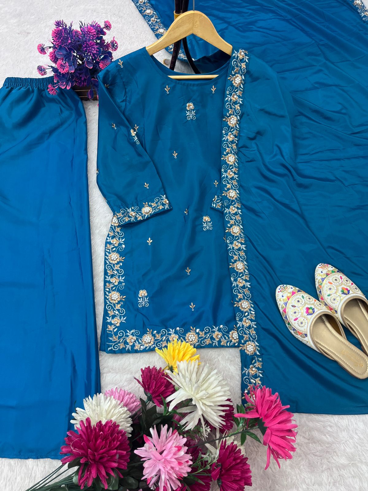 SEQUENCE EMBROIDERY ON SILK FABRIC TOP AND PLAZZO WITH DUPATTA SET