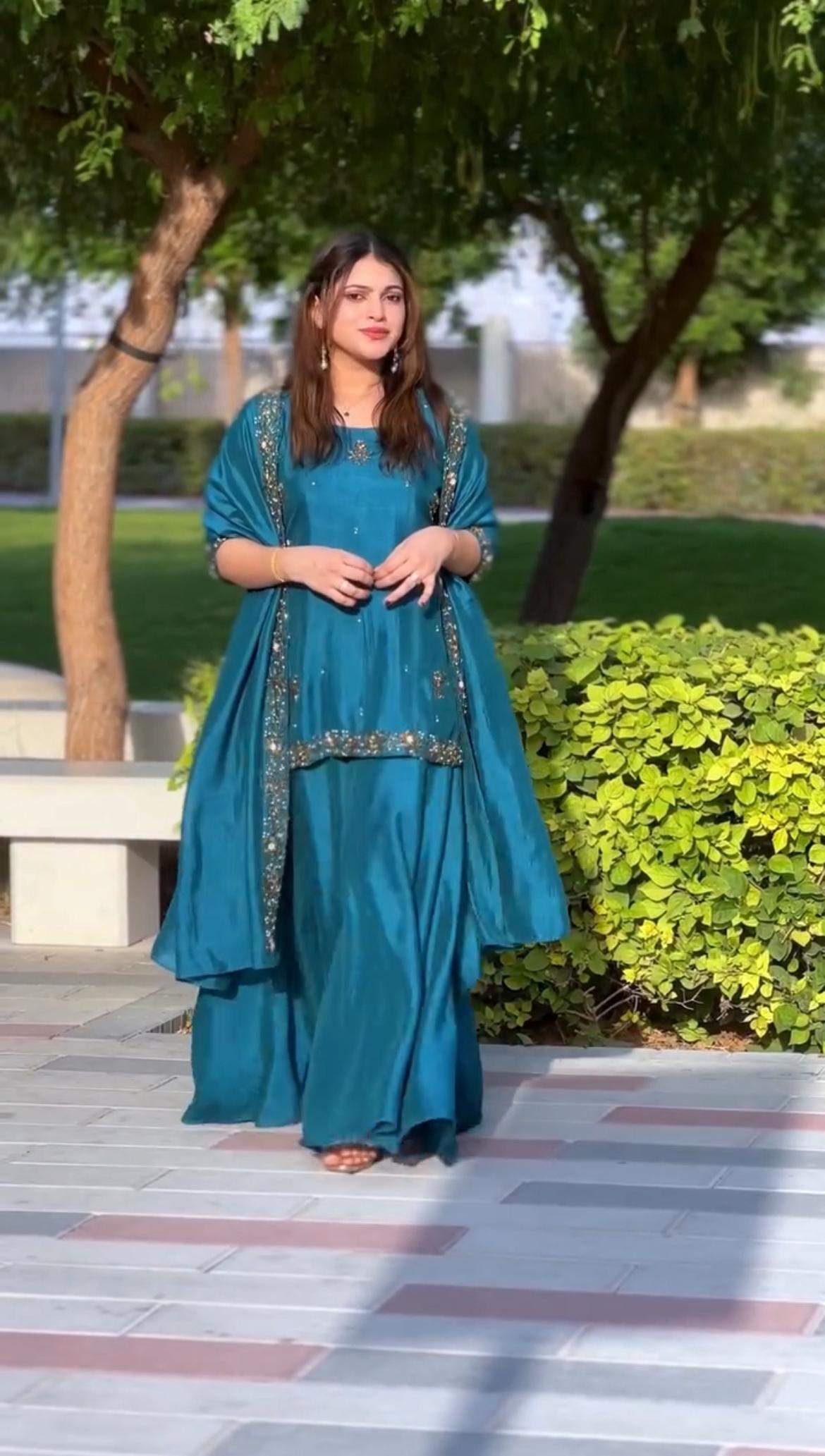 SEQUENCE EMBROIDERY ON SILK FABRIC TOP AND PLAZZO WITH DUPATTA SET