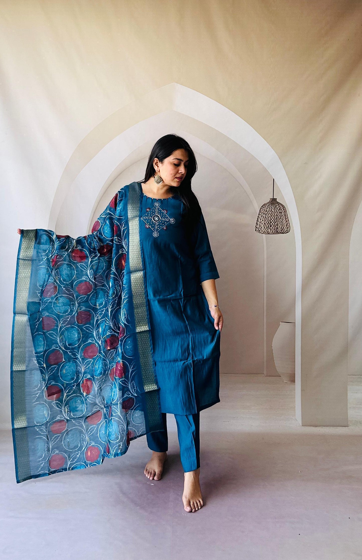 Roman silk With Cotton inner with hand work Kurti Pair