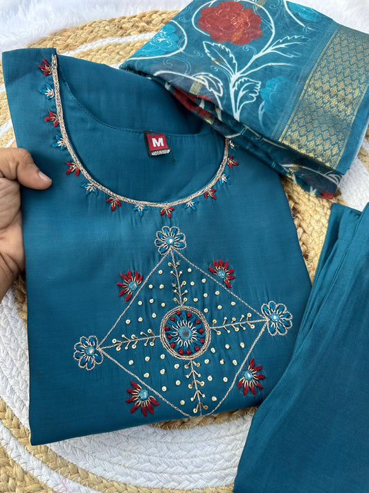 Roman silk With Cotton inner with hand work Kurti Pair