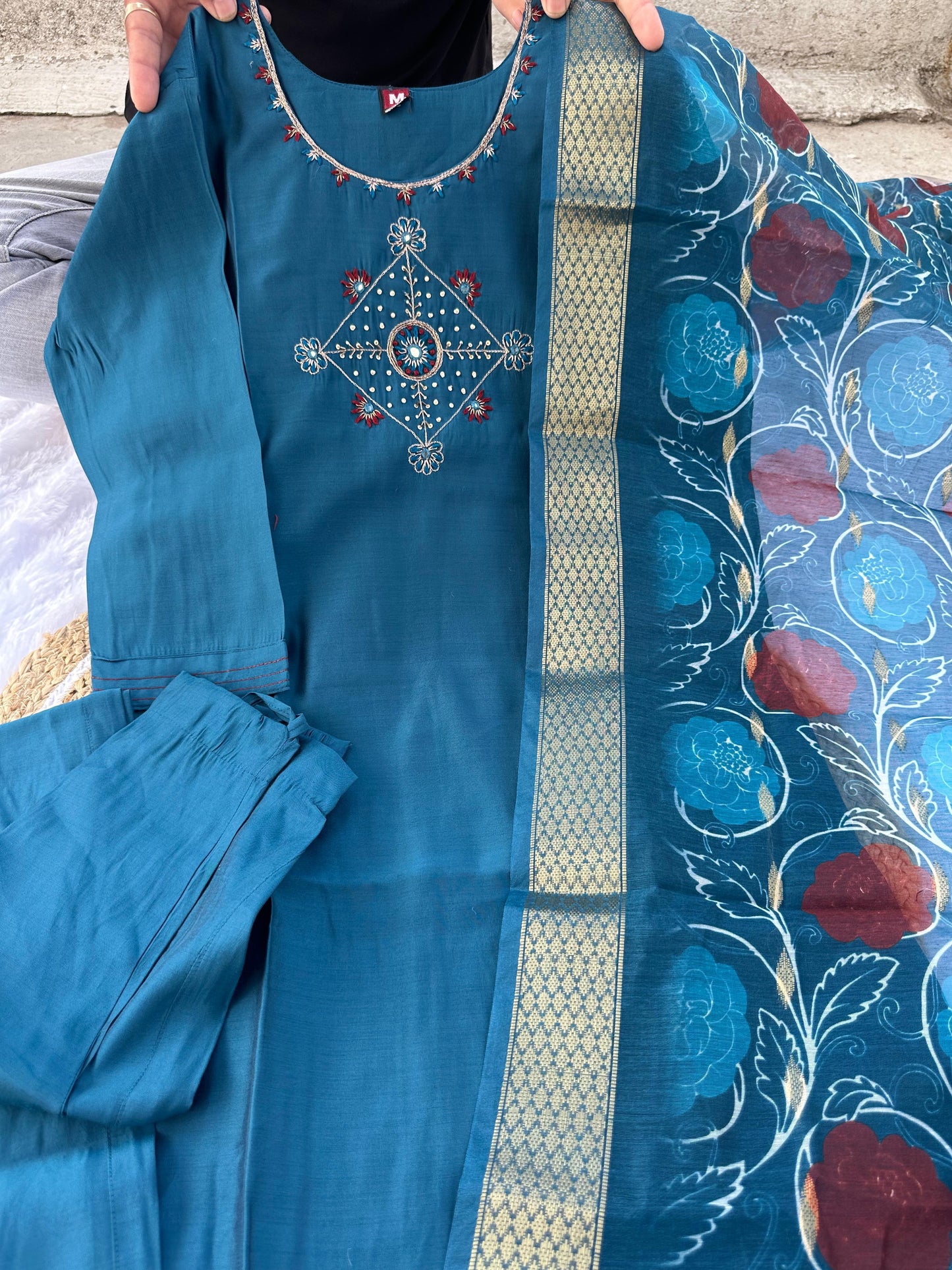 Roman silk With Cotton inner with hand work Kurti Pair