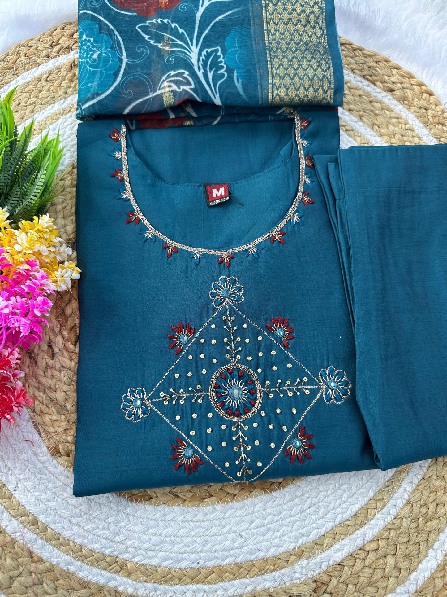 Roman silk With Cotton inner with hand work Kurti Pair