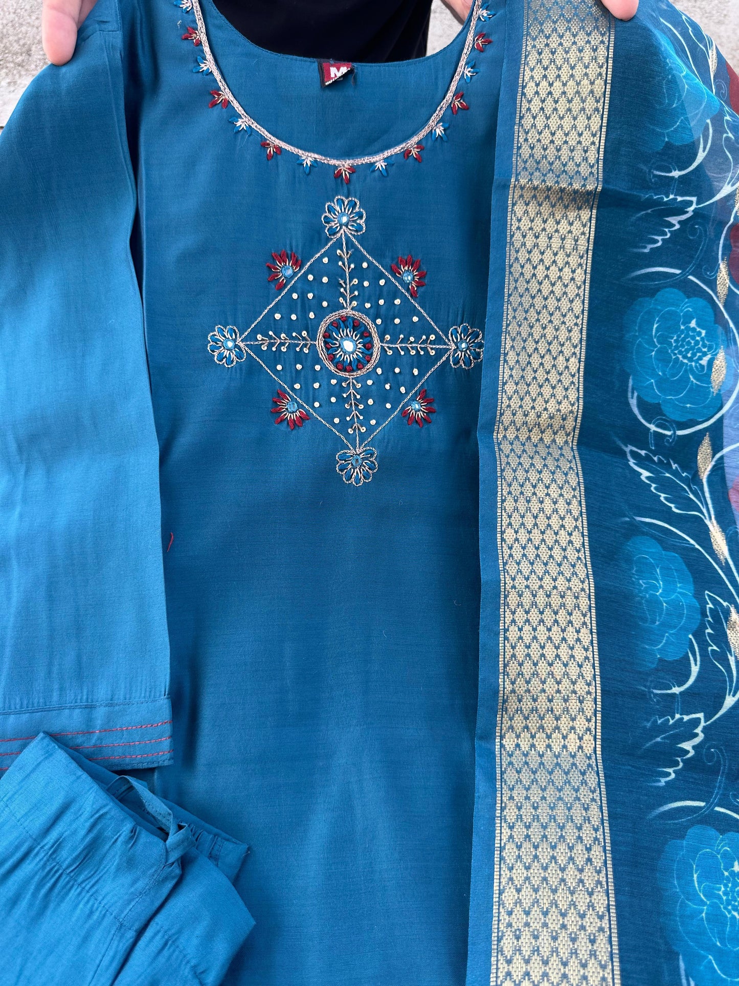 Roman silk With Cotton inner with hand work Kurti Pair
