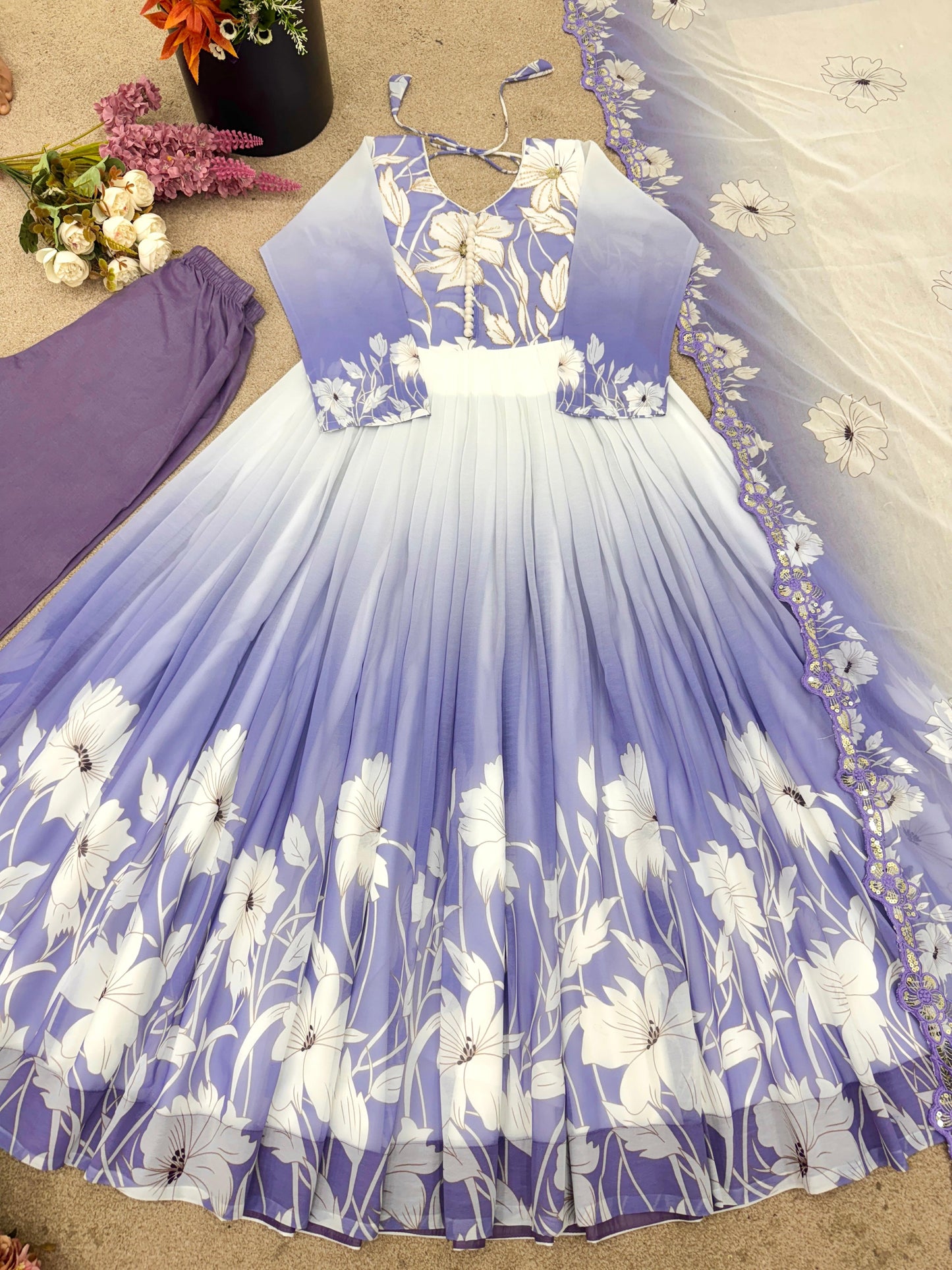 Elegant Digital Print Work Designer Anarkali Three Piece Set