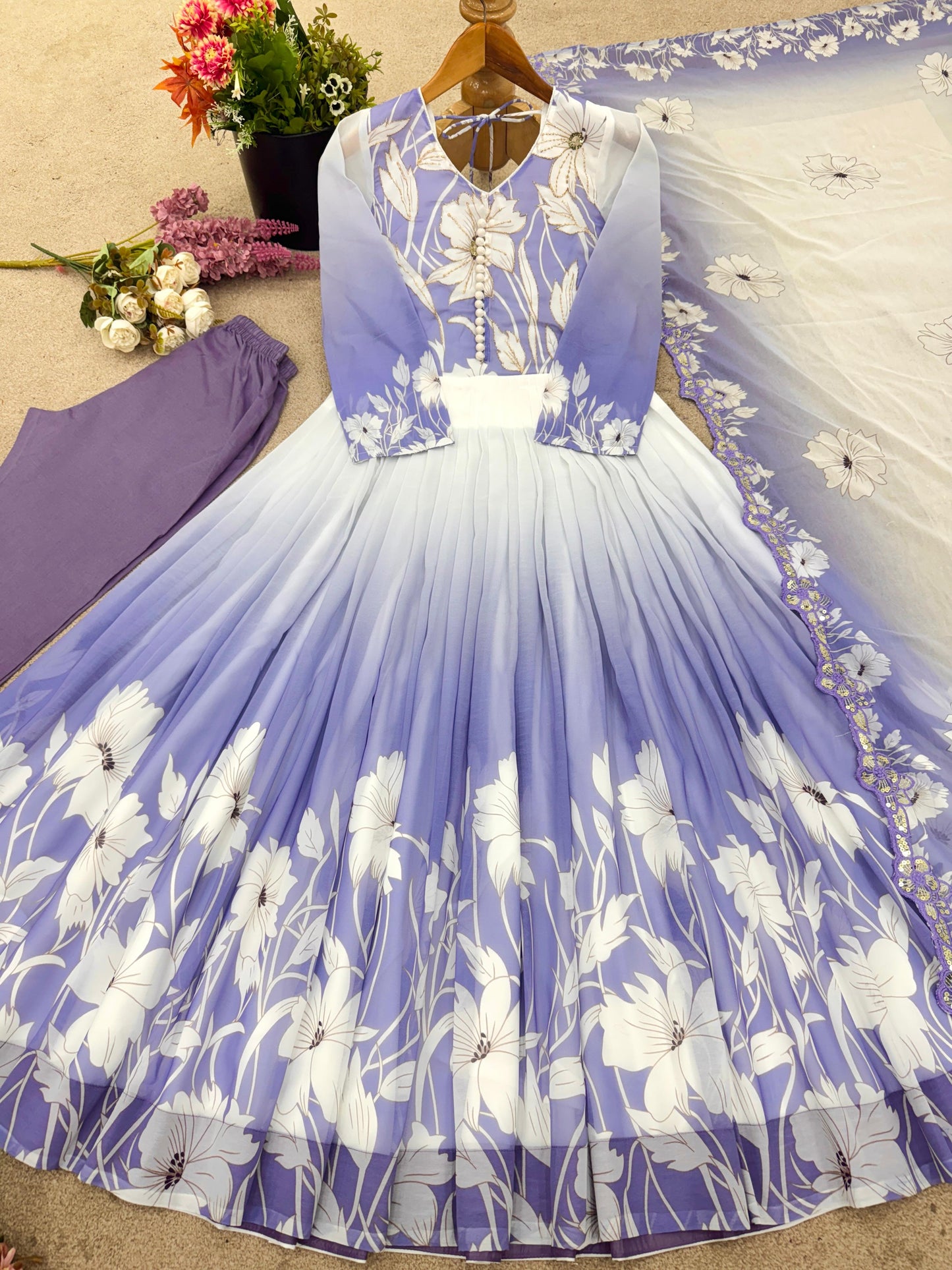 Elegant Digital Print Work Designer Anarkali Three Piece Set