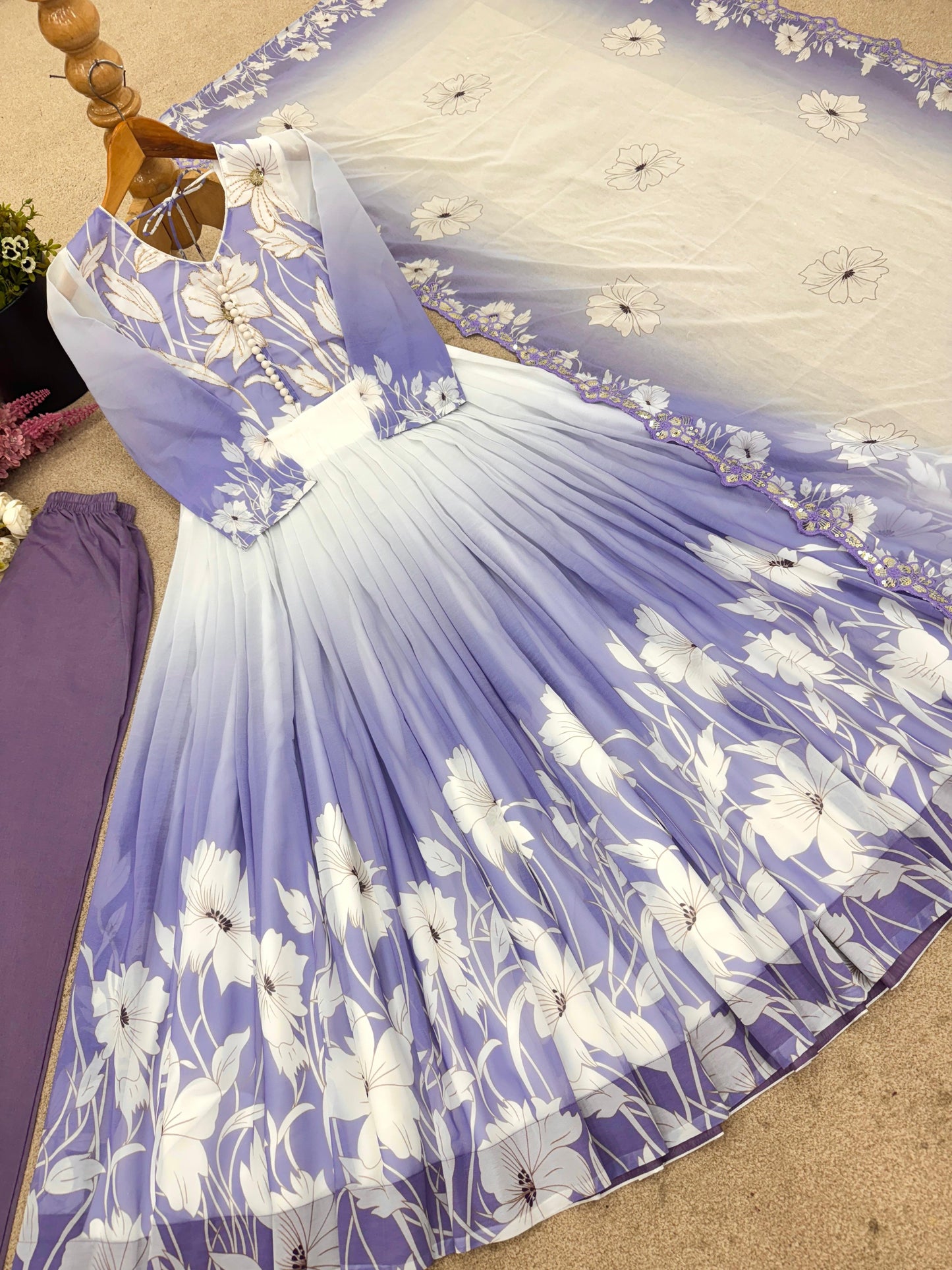 Elegant Digital Print Work Designer Anarkali Three Piece Set