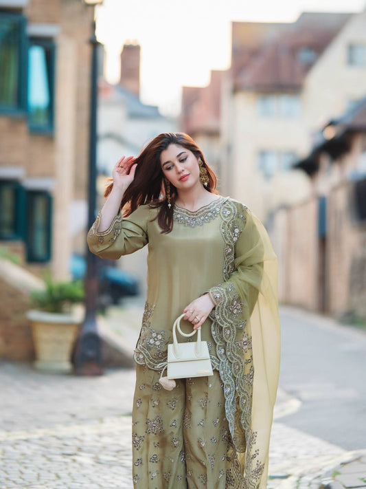 French Crep Silk Top-Bottom And Dupatta Set