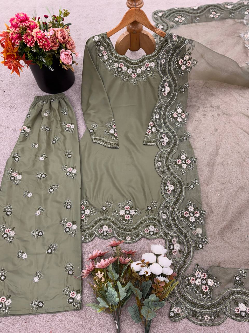 French Crep Silk Top-Bottom And Dupatta Set