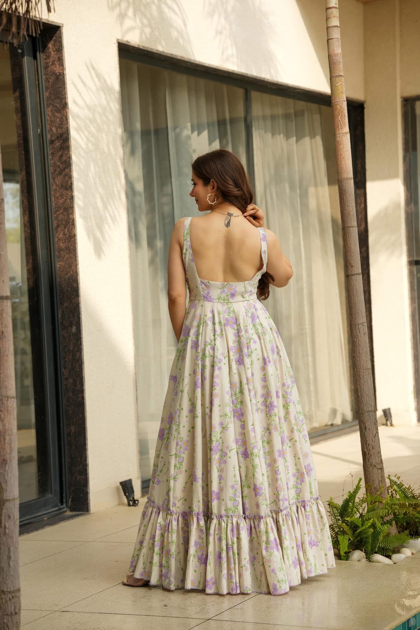 Purple floral print fit & flare dress