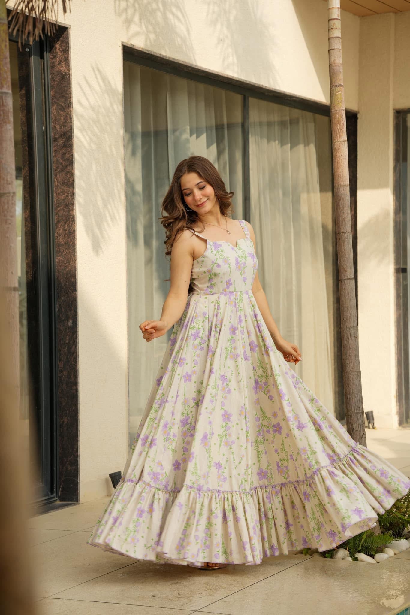 Purple floral print fit & flare dress