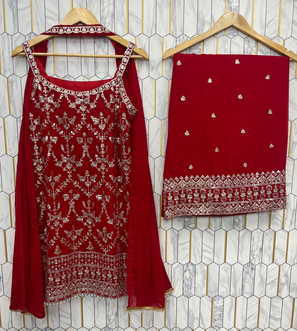 SEQUENCE EMBROIDERY ON SILK FABRIC TOP AND PLAZZO WITH DUPATTA SET