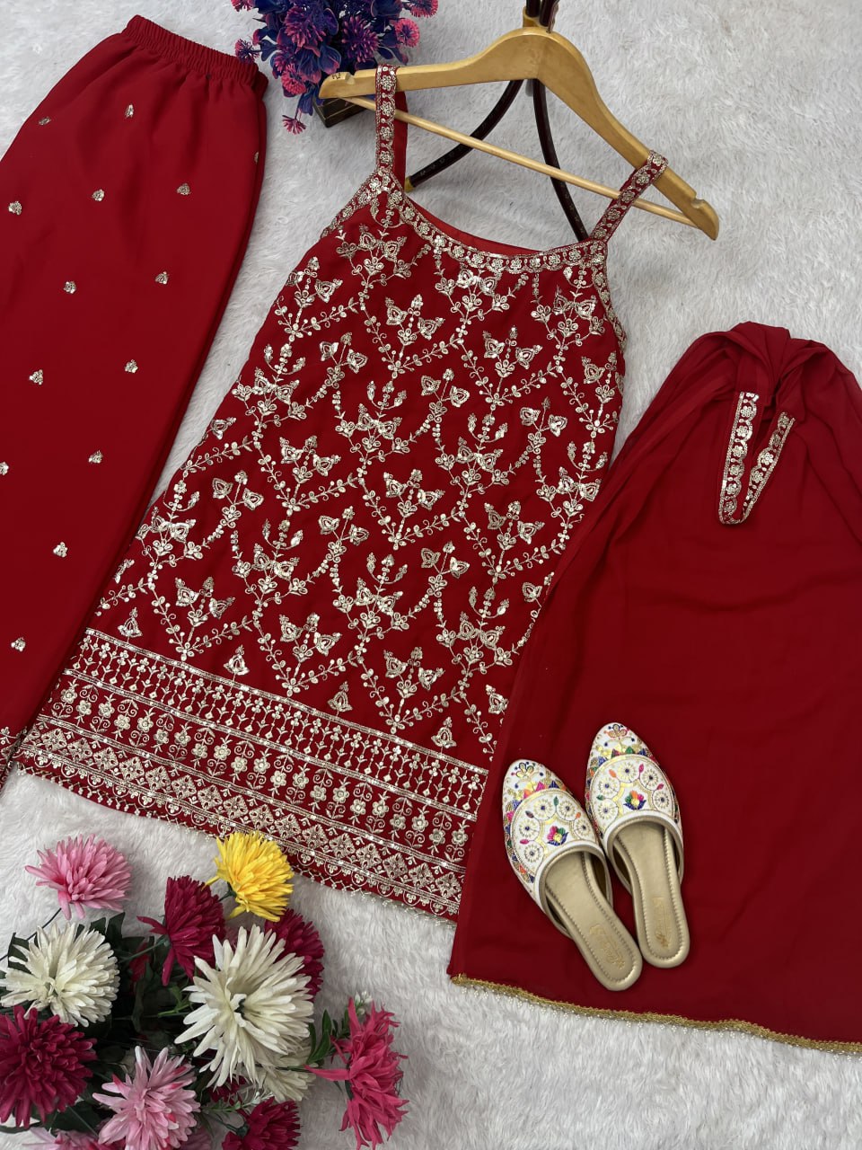 SEQUENCE EMBROIDERY ON SILK FABRIC TOP AND PLAZZO WITH DUPATTA SET