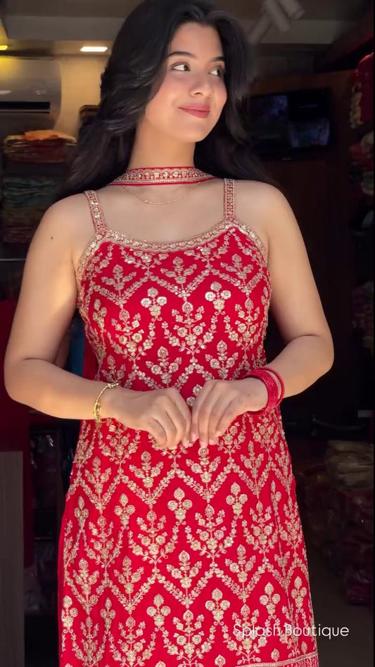 SEQUENCE EMBROIDERY ON SILK FABRIC TOP AND PLAZZO WITH DUPATTA SET