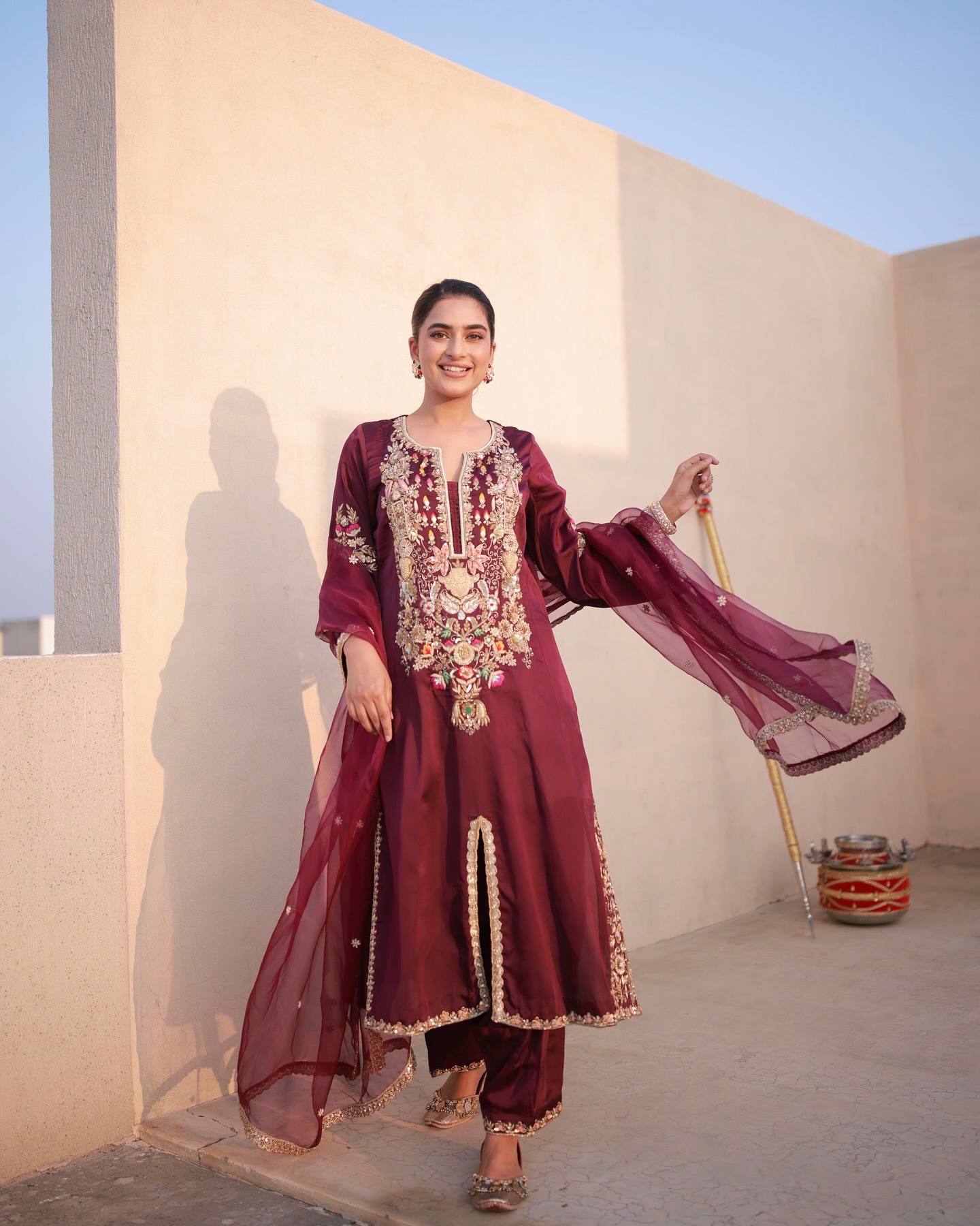 Satin Silk Fancy Top & Palazzo With Dupatta set