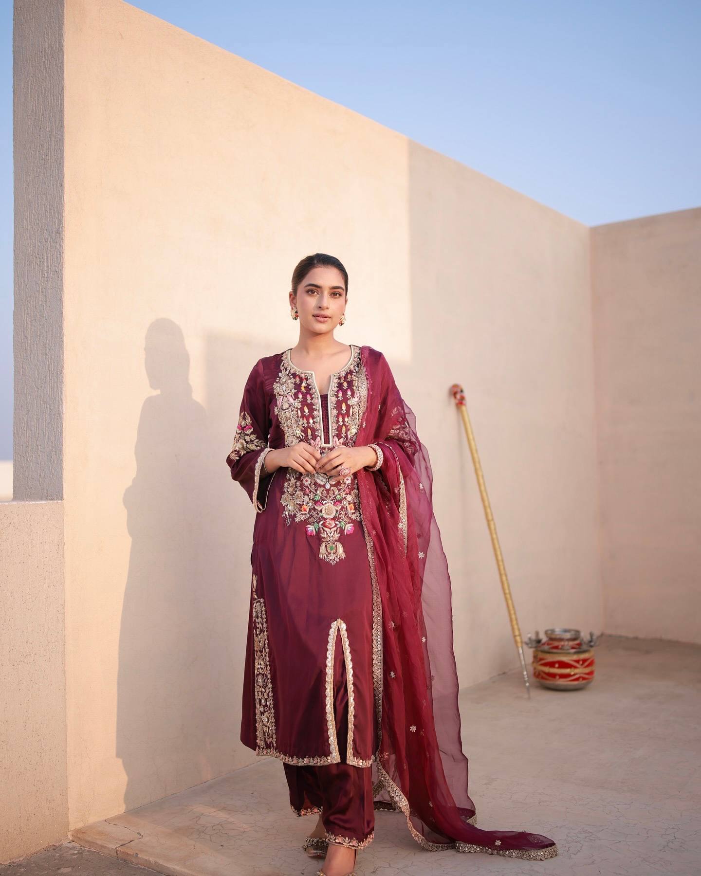 Satin Silk Fancy Top & Palazzo With Dupatta set