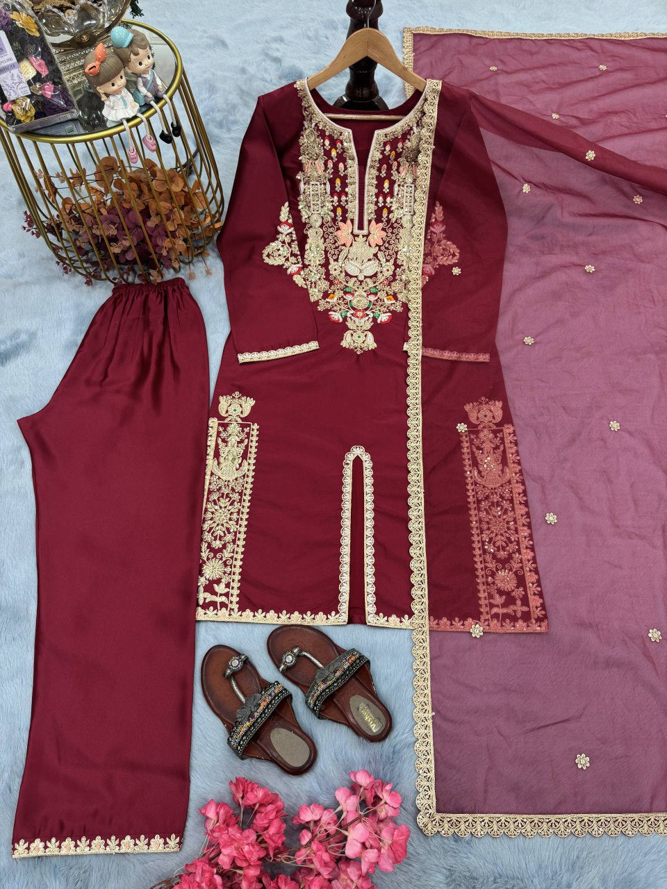 Satin Silk Fancy Top & Palazzo With Dupatta set