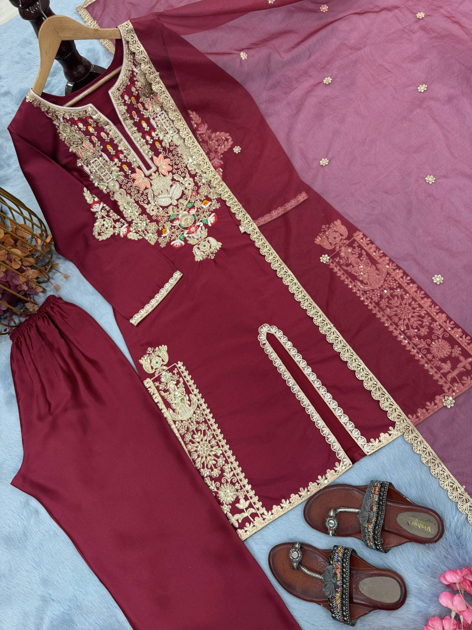 Satin Silk Fancy Top & Palazzo With Dupatta set
