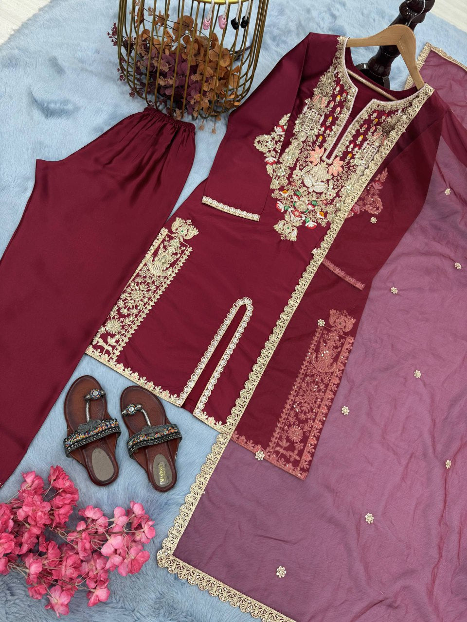 Satin Silk Fancy Top & Palazzo With Dupatta set