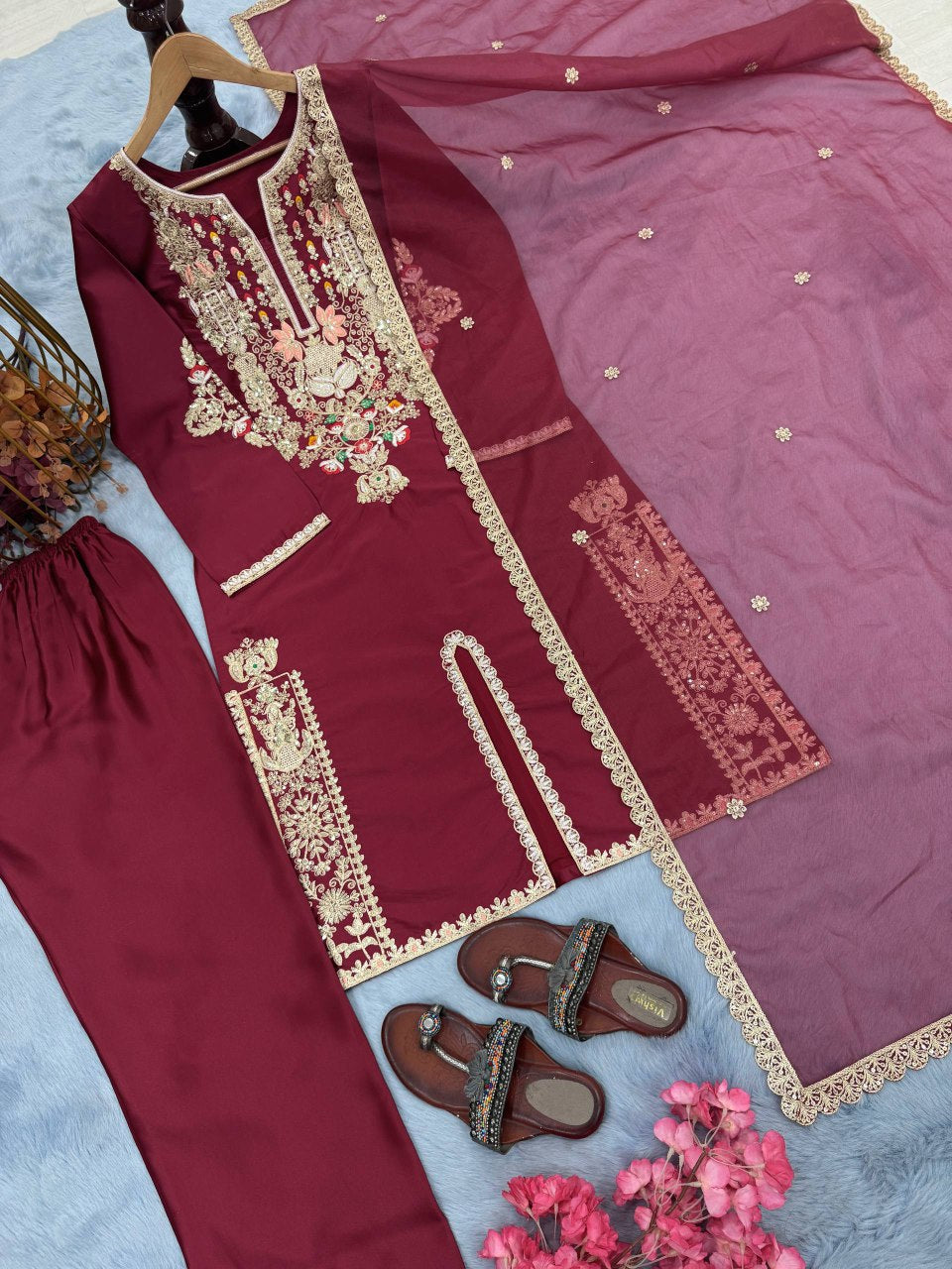 Satin Silk Fancy Top & Palazzo With Dupatta set