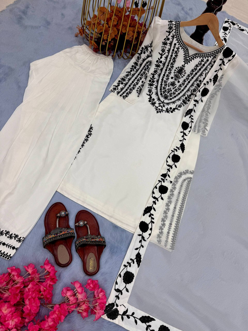 Pure Natural Crepe Top & Farshi Palazzo With Dupatta set