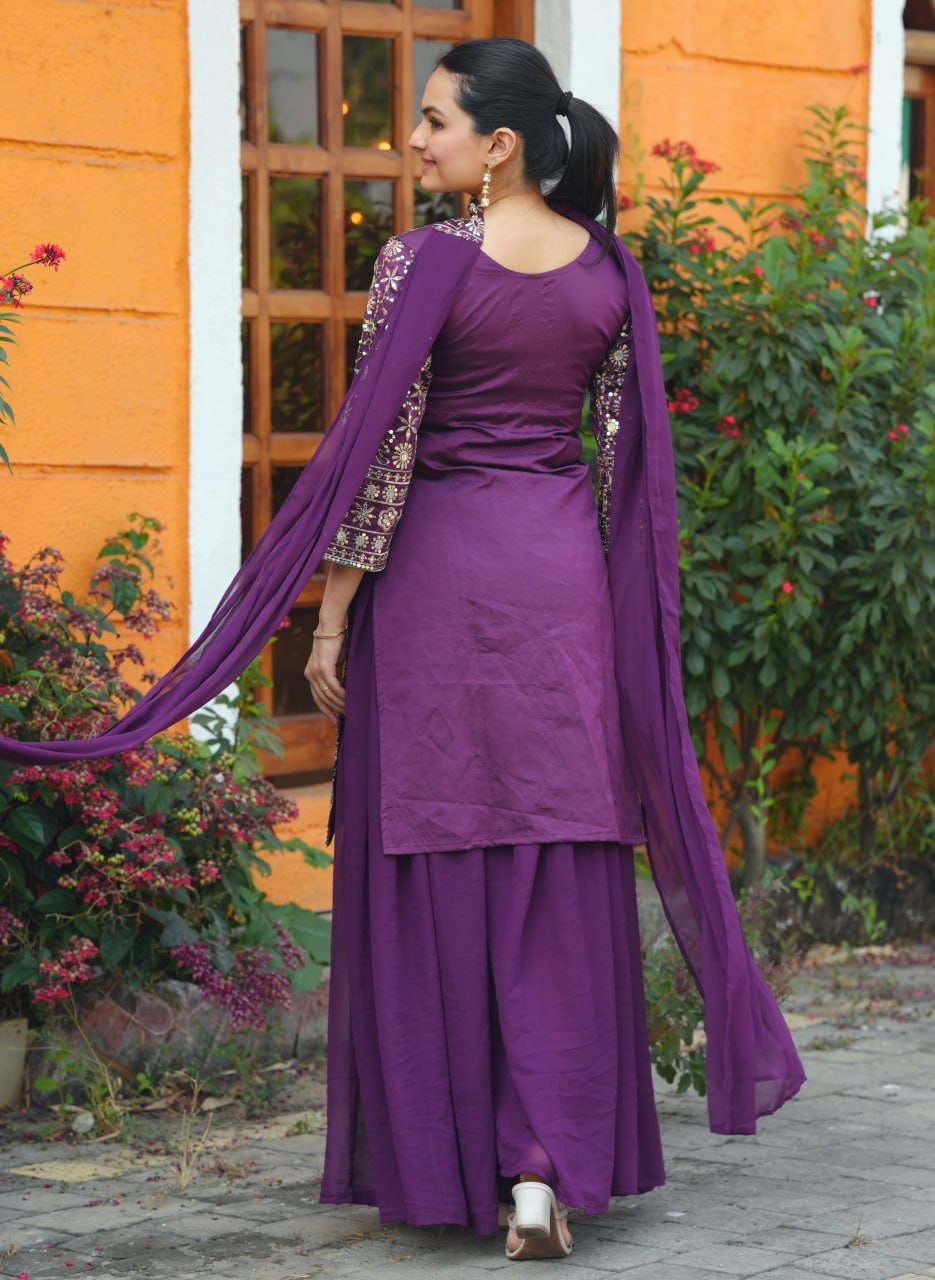 New Designer Embroidered Sharara Suit With Sequence Embroidered Work And Real Mirror Work