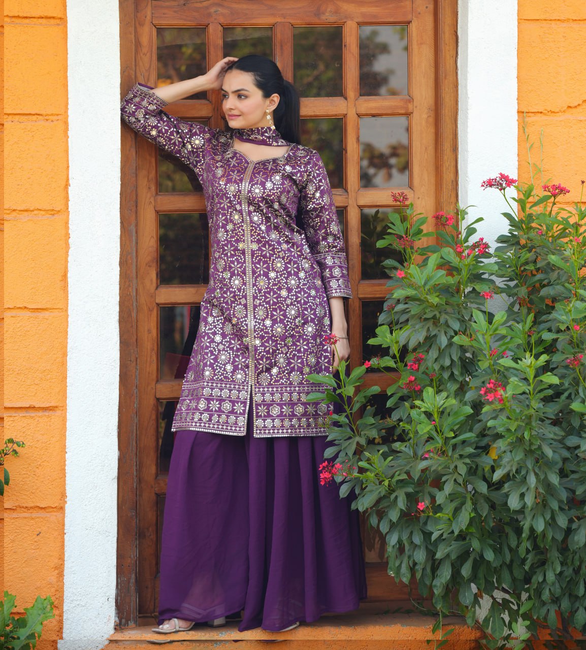 New Designer Embroidered Sharara Suit With Sequence Embroidered Work And Real Mirror Work