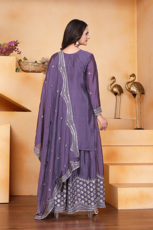 Embroidered Chinon Sharara Suit With Sequence Embroidered Work