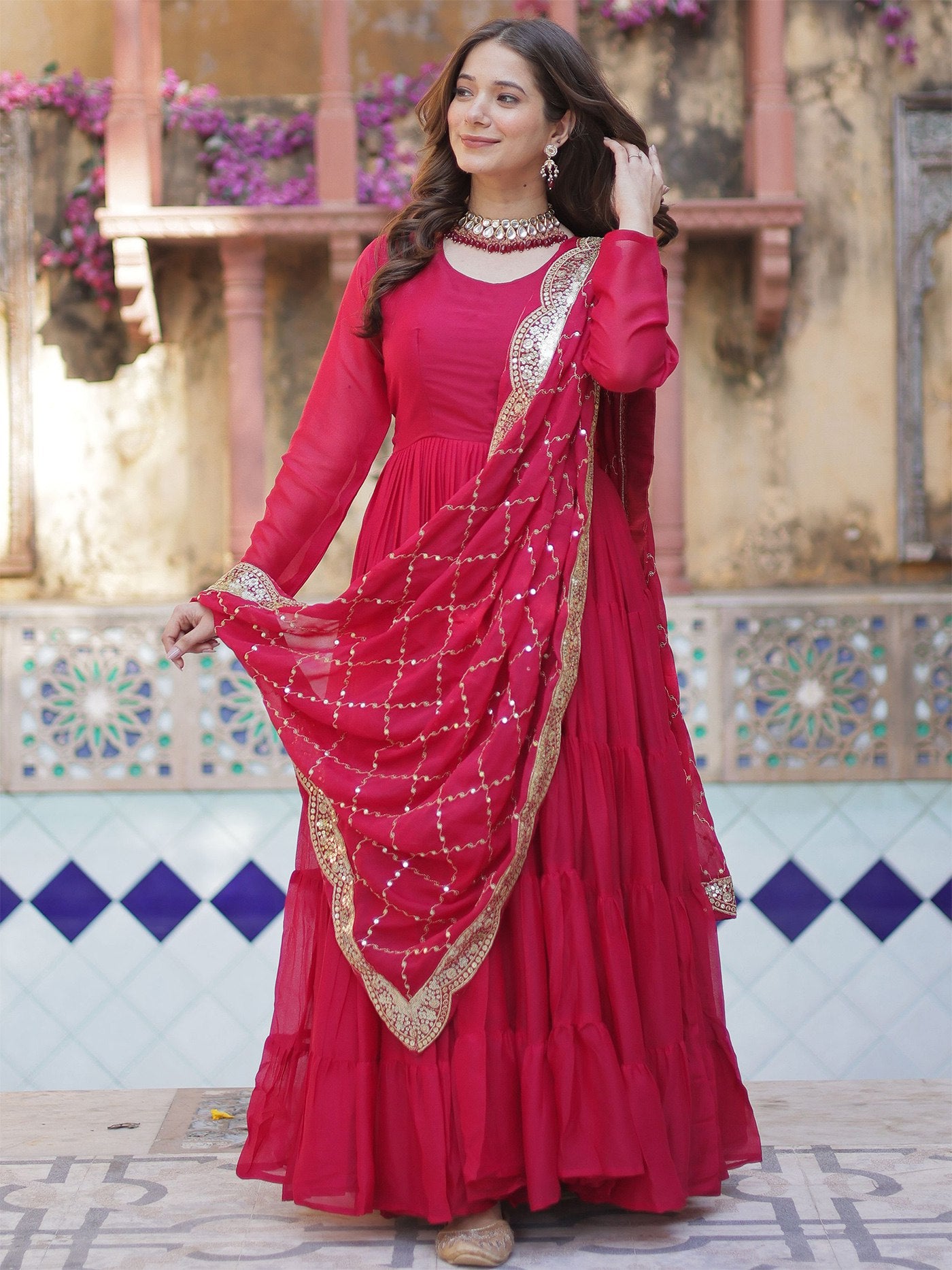 Embroidered Georgette Stitched Anarkali Gown With dupatta