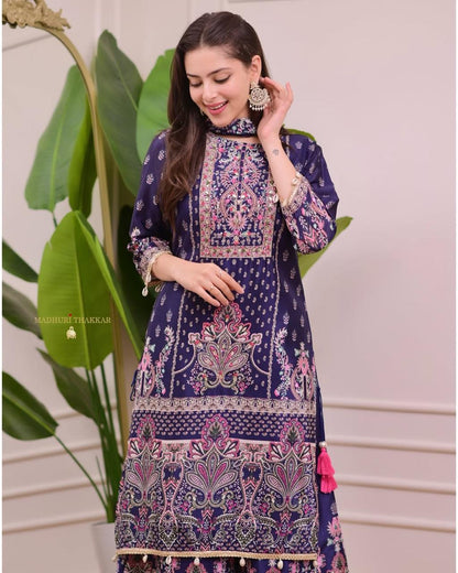 TOP WITH PRINTED WORK WITH HAND WORK WITH PLAZO AND DUPATTA SET