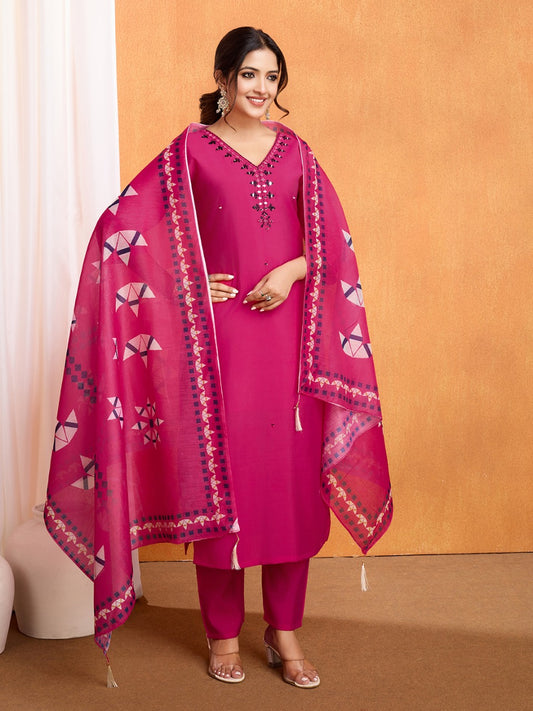 Embroidery with Hand Mirror Work Roman Silk Kurti Set
