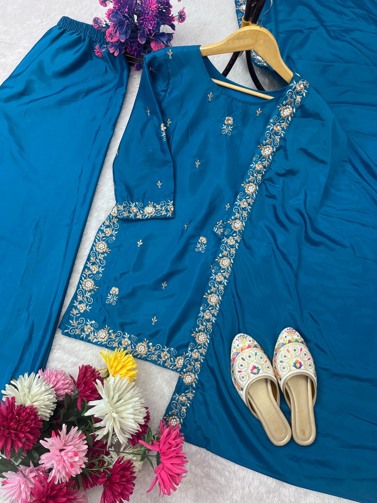 SEQUENCE EMBROIDERY ON SILK FABRIC TOP AND PLAZZO WITH DUPATTA SET