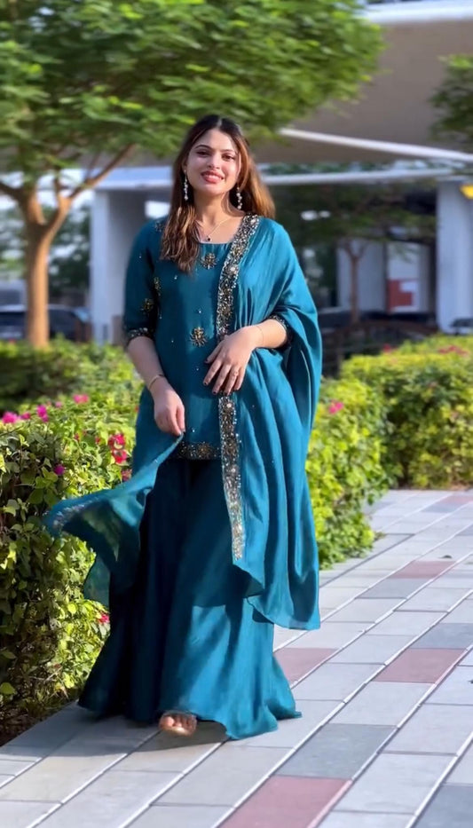 SEQUENCE EMBROIDERY ON SILK FABRIC TOP AND PLAZZO WITH DUPATTA SET