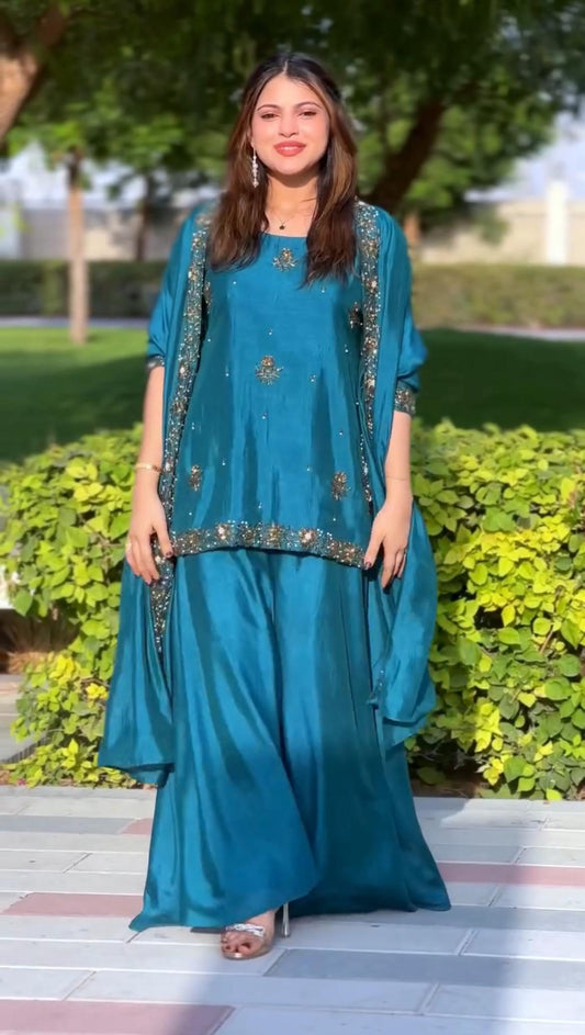 SEQUENCE EMBROIDERY ON SILK FABRIC TOP AND PLAZZO WITH DUPATTA SET