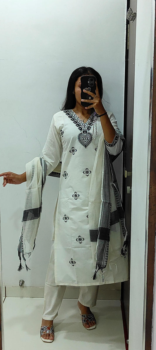 Khadi Cotton Kurti Pent Dupatta Set