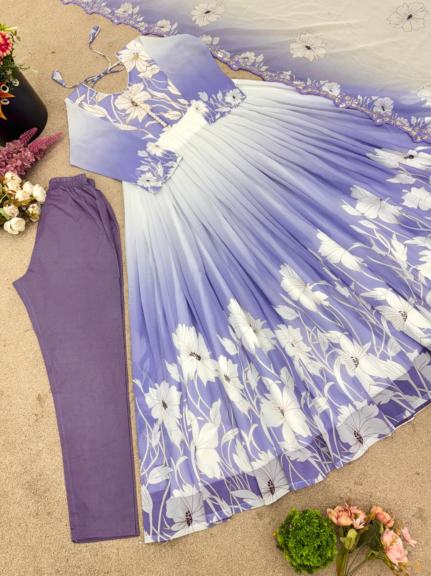 Elegant Digital Print Work Designer Anarkali Three Piece Set