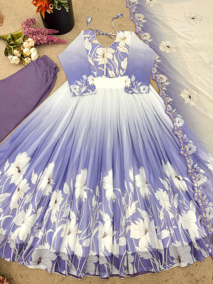 Elegant Digital Print Work Designer Anarkali Three Piece Set