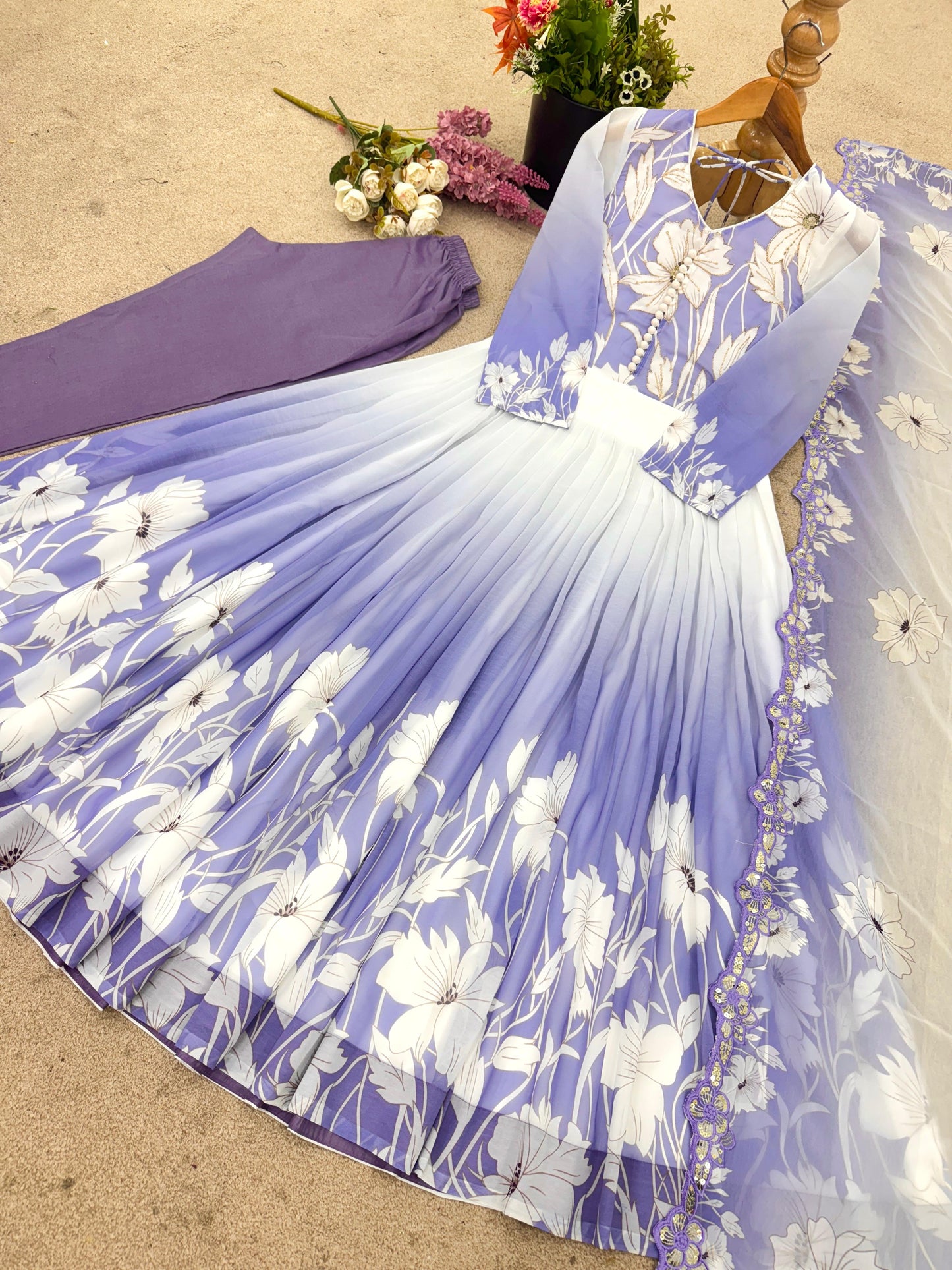 Elegant Digital Print Work Designer Anarkali Three Piece Set