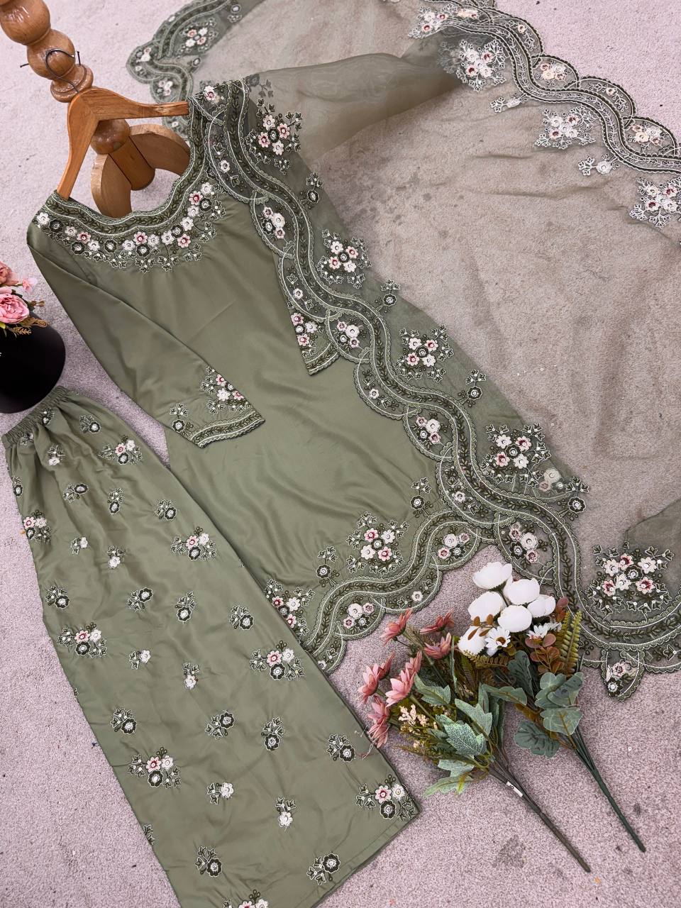 French Crep Silk Top-Bottom And Dupatta Set