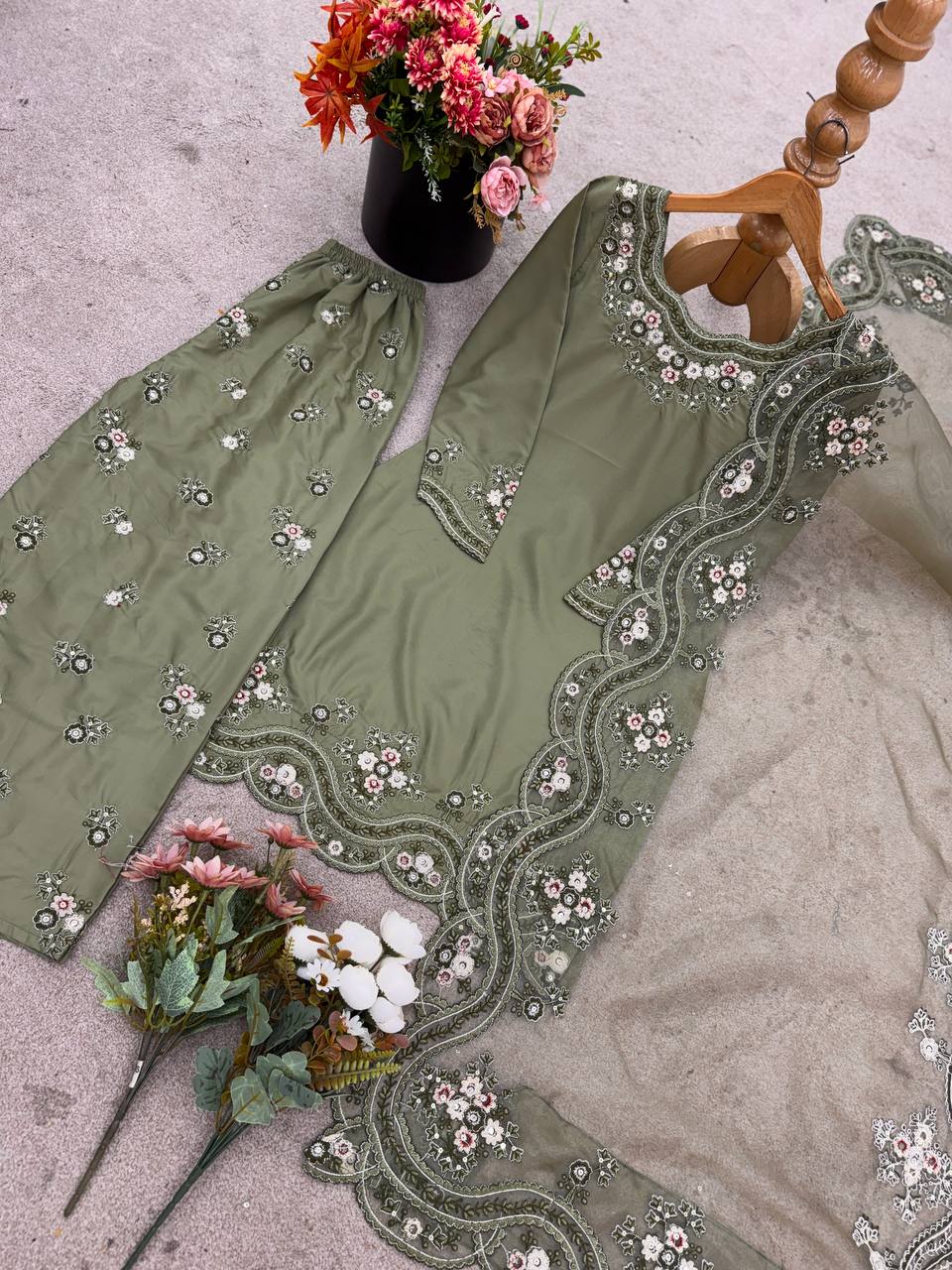 French Crep Silk Top-Bottom And Dupatta Set