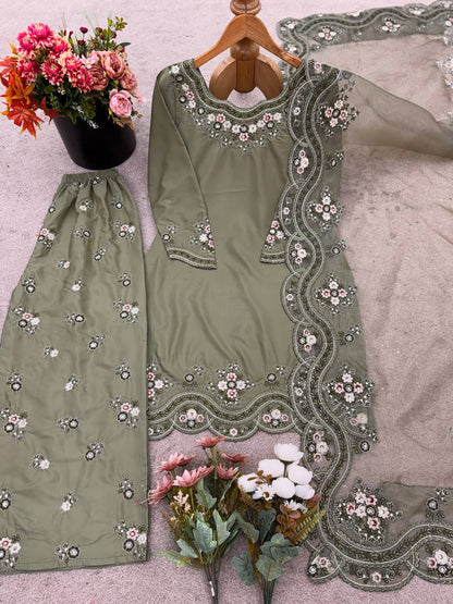 French Crep Silk Top-Bottom And Dupatta Set